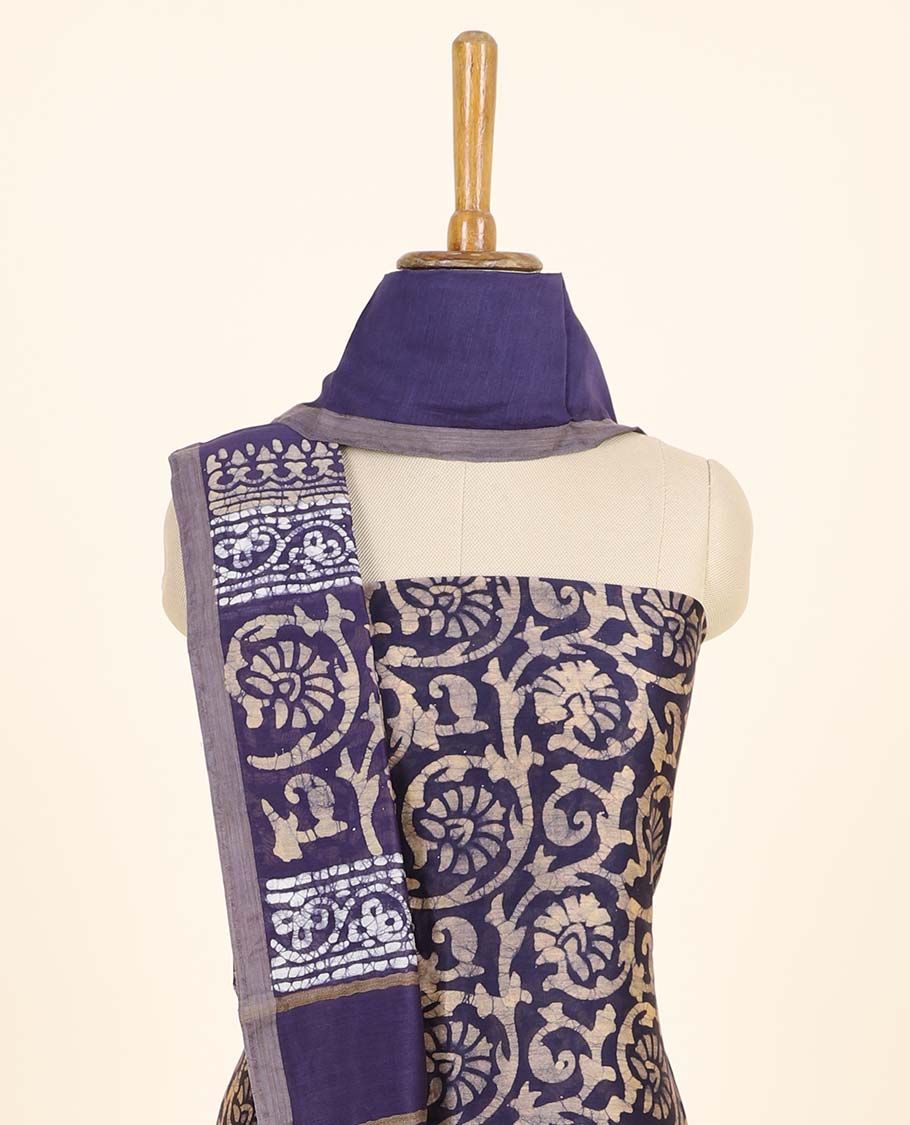 Blue material chudidhar set, floral vine printed top, plain bottom & batik-style floral printed dupatta