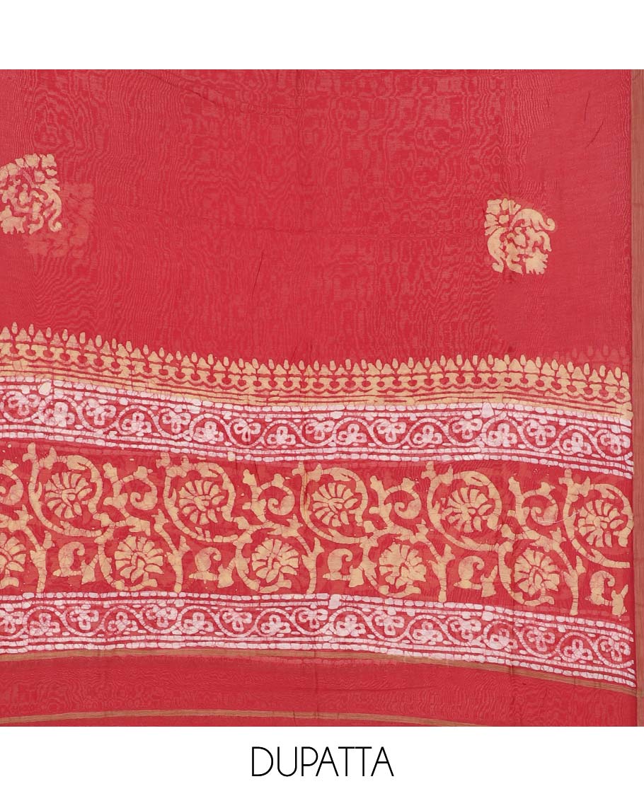 Blue material chudidhar set, floral vine printed top, plain bottom & batik-style floral printed dupatta