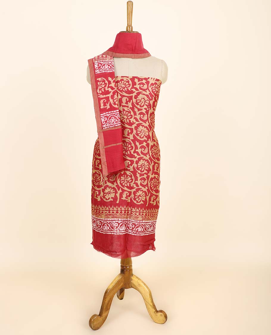Blue material chudidhar set, floral vine printed top, plain bottom & batik-style floral printed dupatta