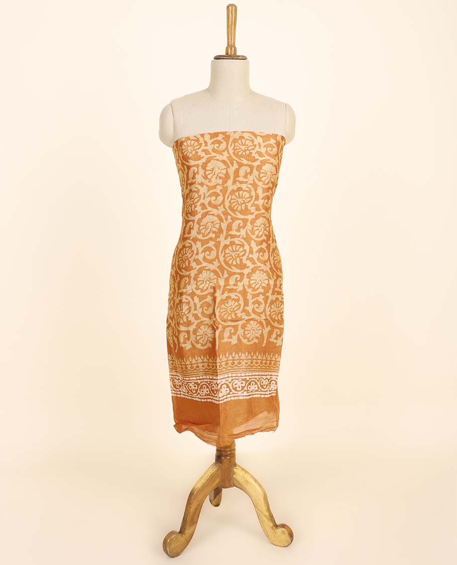 Orange material chudidhar set, floral vine printed top, plain bottom & batik-style floral printed dupatta