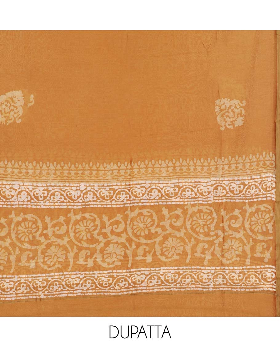 Orange material chudidhar set, floral vine printed top, plain bottom & batik-style floral printed dupatta
