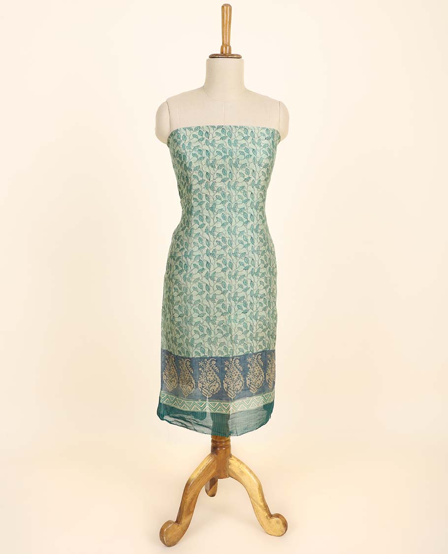 Green material chudidhar set, leaf vine printed top, contrast plain bottom & intricately printed dupatta