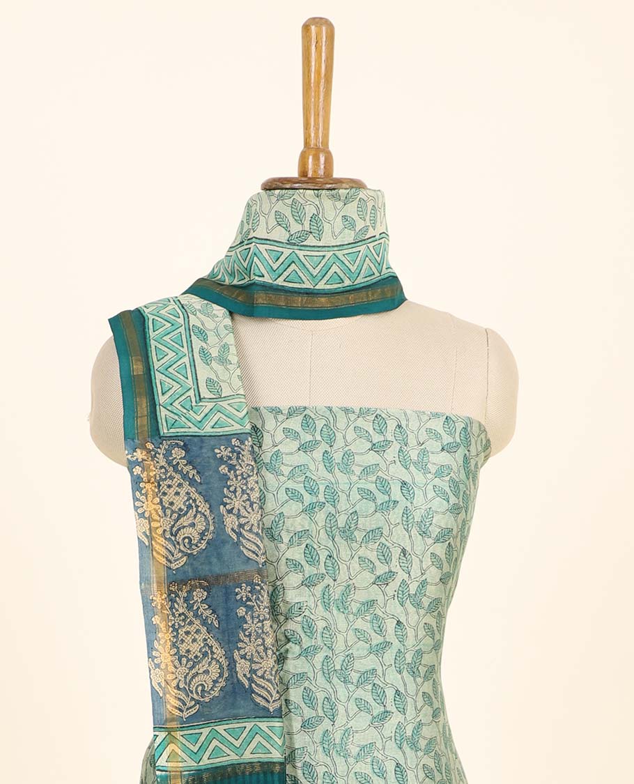 Green material chudidhar set, leaf vine printed top, contrast plain bottom & intricately printed dupatta