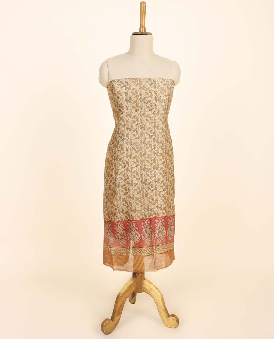 Beige material chudidhar set, leaf vine printed top, contrast plain bottom & intricately printed dupatta
