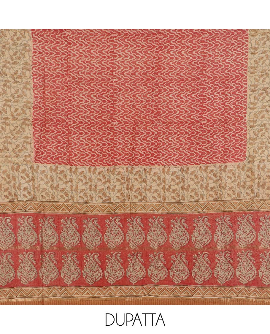 Beige material chudidhar set, leaf vine printed top, contrast plain bottom & intricately printed dupatta