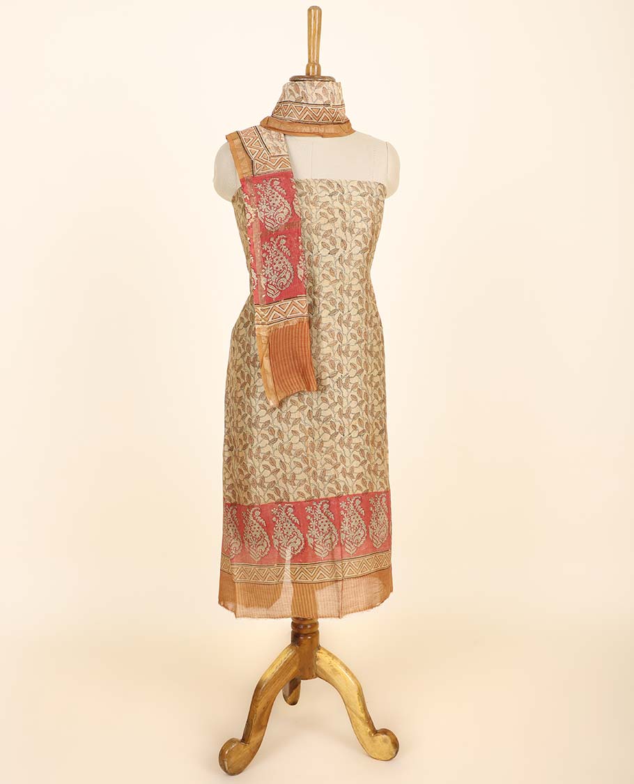 Beige material chudidhar set, leaf vine printed top, contrast plain bottom & intricately printed dupatta