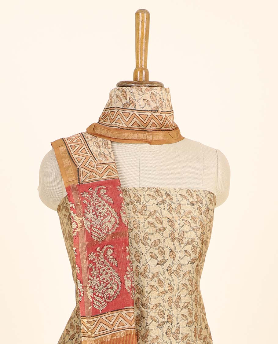 Beige material chudidhar set, leaf vine printed top, contrast plain bottom & intricately printed dupatta