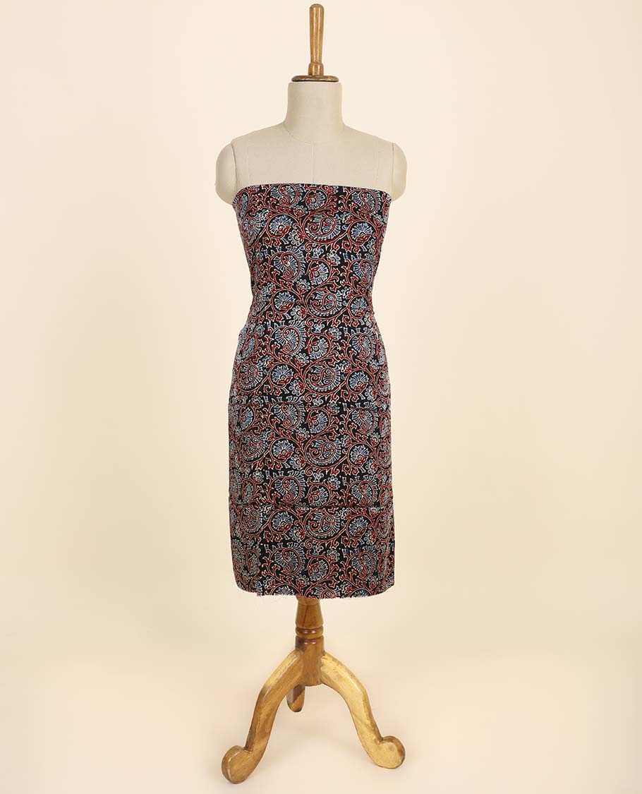 Black material chudidhar set, floral & paisley vine printed top, plain bottom & floral & paisley vine printed dupatta