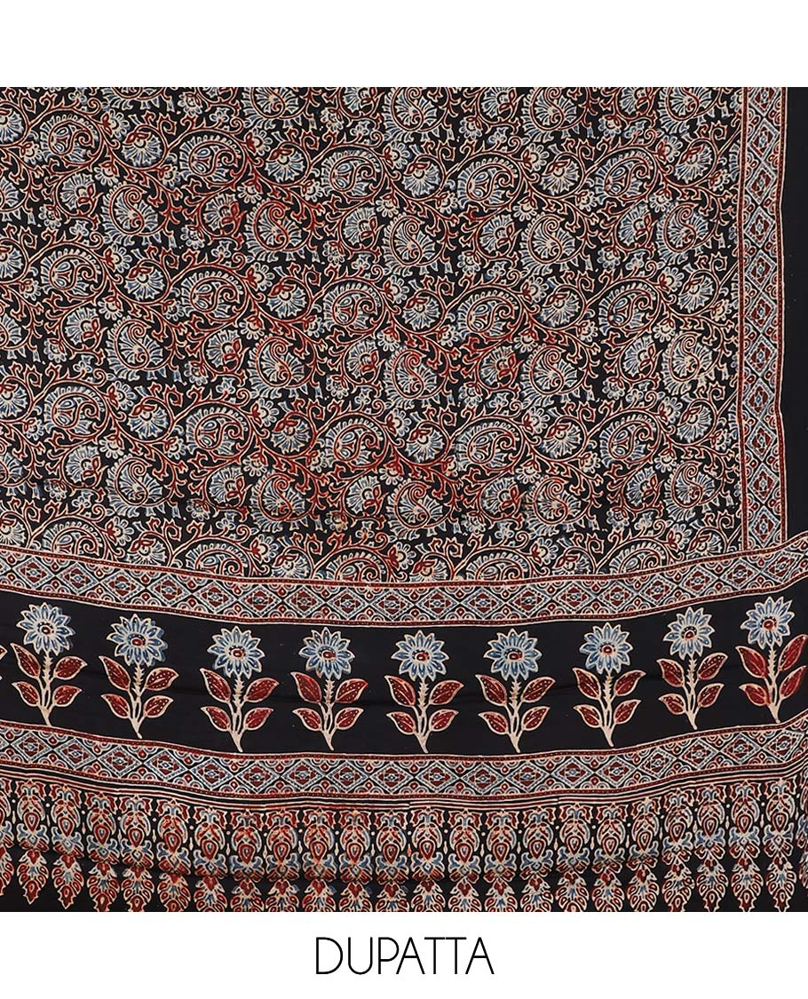 Black material chudidhar set, floral & paisley vine printed top, plain bottom & floral & paisley vine printed dupatta