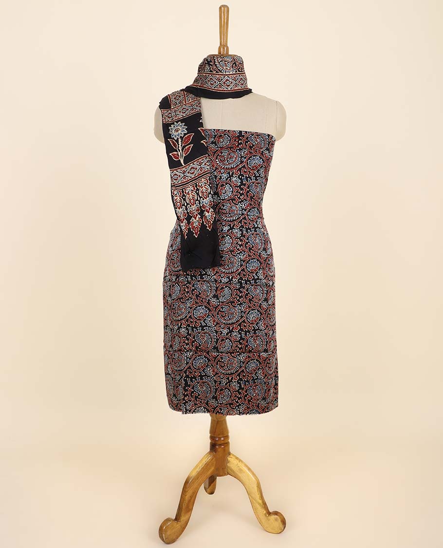 Black material chudidhar set, floral & paisley vine printed top, plain bottom & floral & paisley vine printed dupatta