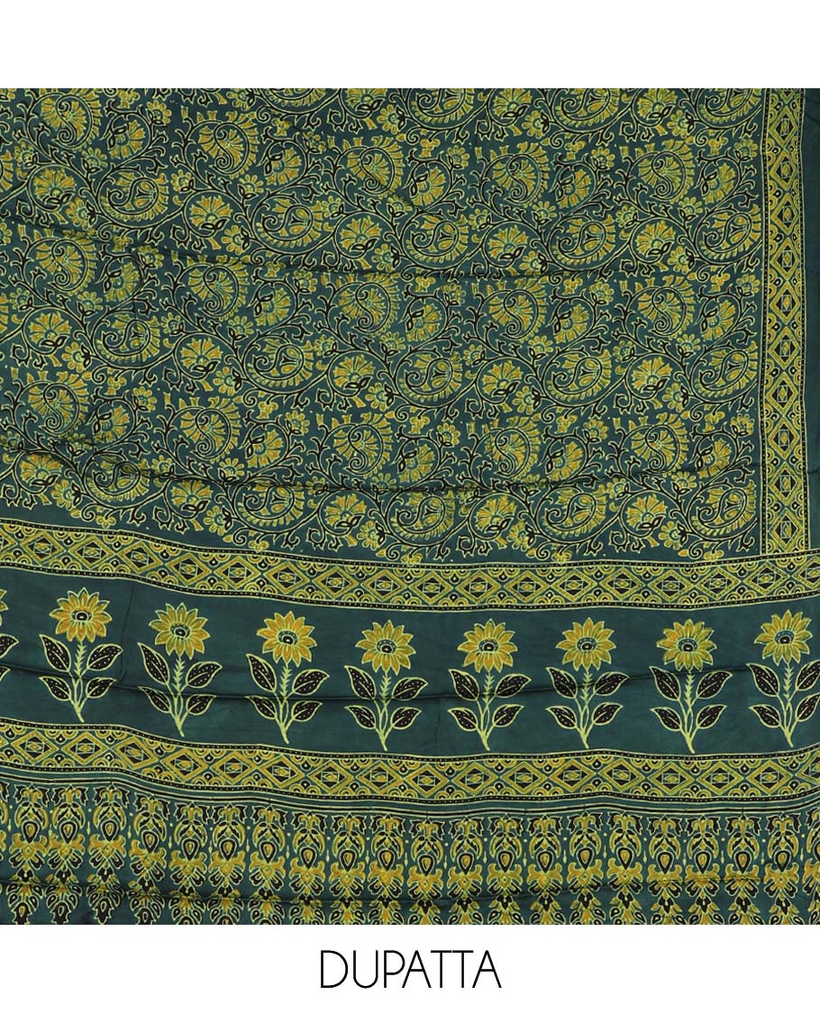 Black material chudidhar set, floral & paisley vine printed top, plain bottom & floral & paisley vine printed dupatta