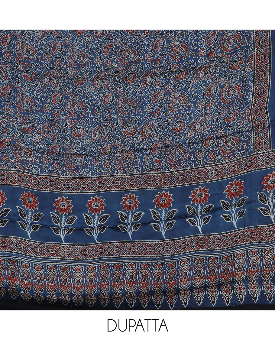 Black material chudidhar set, floral & paisley vine printed top, plain bottom & floral & paisley vine printed dupatta