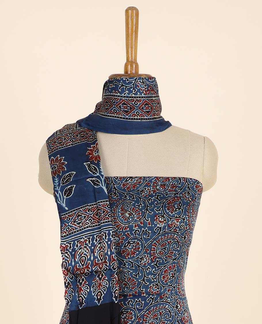Black material chudidhar set, floral & paisley vine printed top, plain bottom & floral & paisley vine printed dupatta