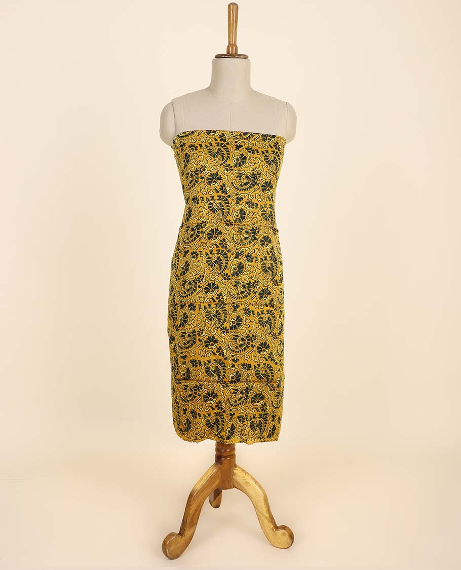 Yellow material chudidhar set, floral & paisley vine printed top, plain bottom & floral & paisley vine printed dupatta