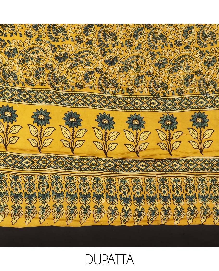 Yellow material chudidhar set, floral & paisley vine printed top, plain bottom & floral & paisley vine printed dupatta