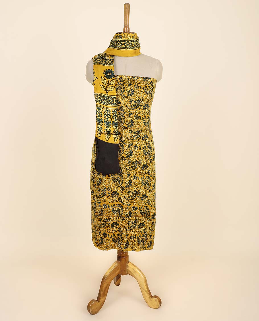 Yellow material chudidhar set, floral & paisley vine printed top, plain bottom & floral & paisley vine printed dupatta