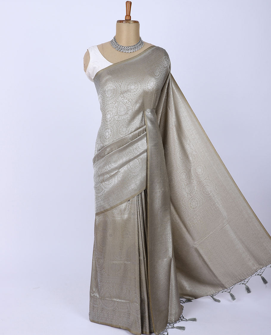 Grey jacquard softy silk saree, traditional design border & pallu of intricate designs
