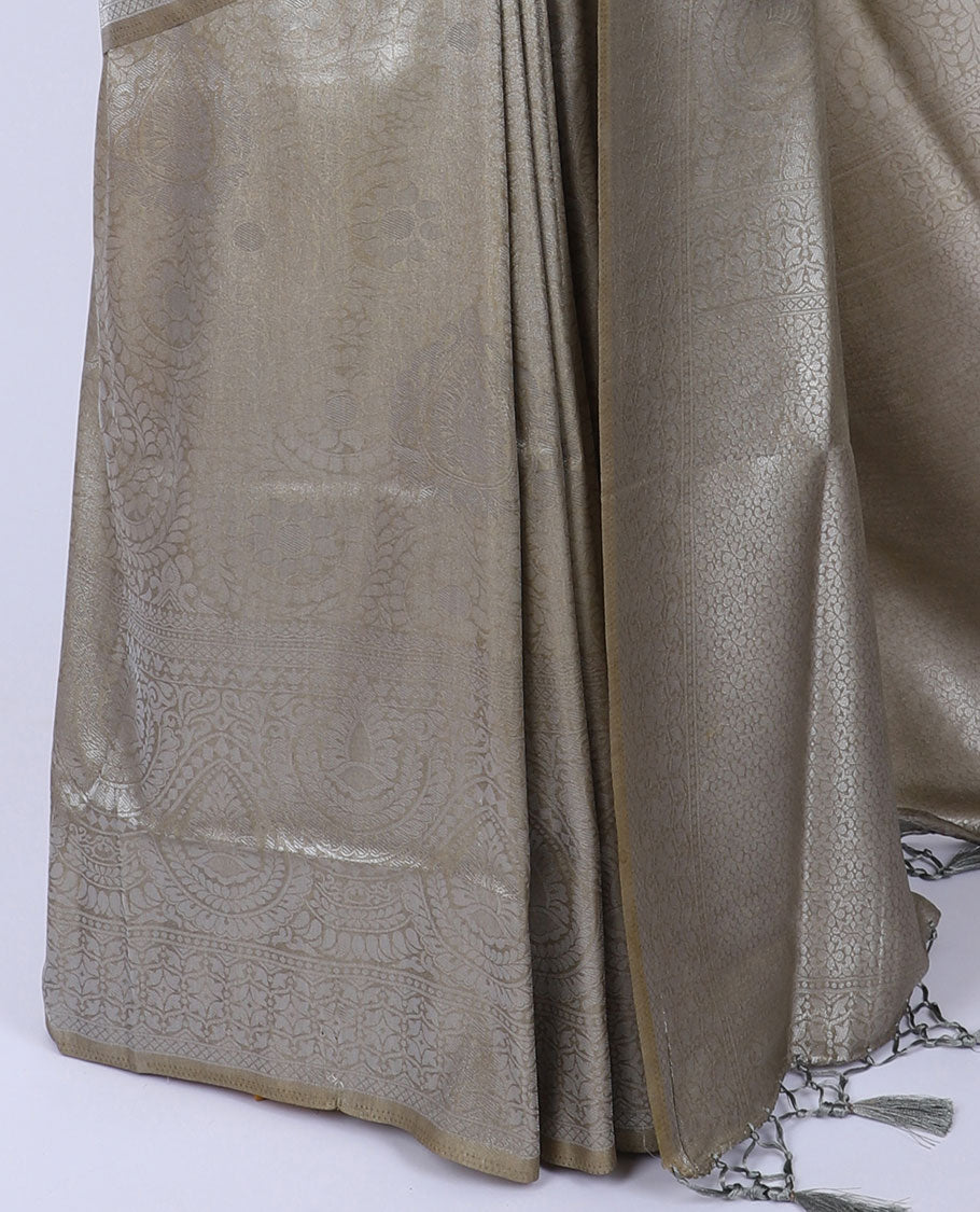 Grey jacquard softy silk saree, traditional design border & pallu of intricate designs