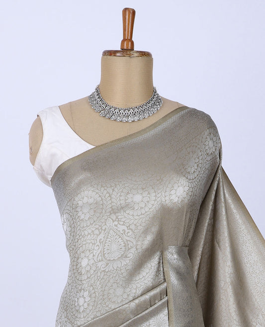 Grey jacquard softy silk saree, traditional design border & pallu of intricate designs