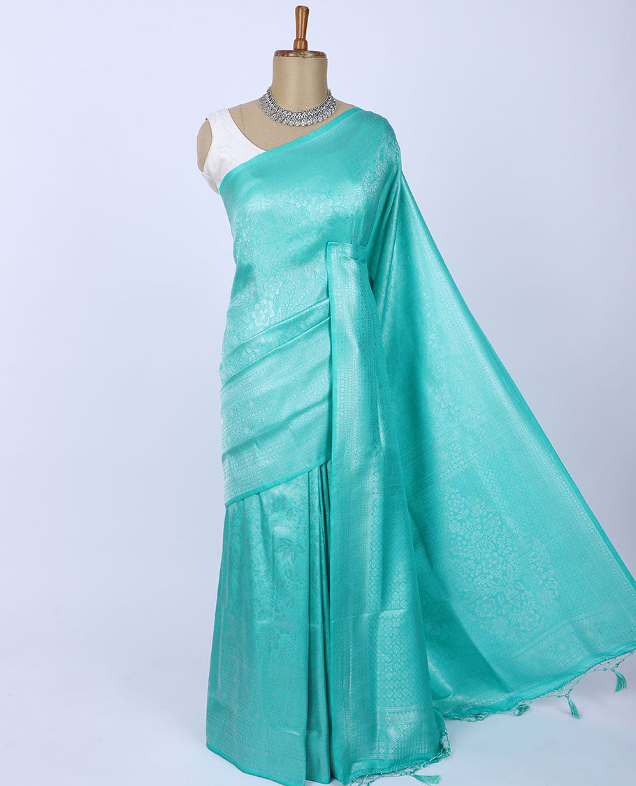 Green jacquard softy silk saree, traditional design border & pallu of intricate designs