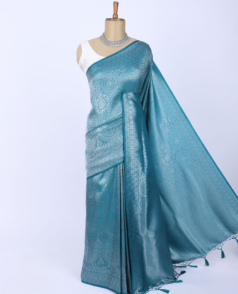 Blue jacquard softy silk saree, zari border & pallu of intricate designs