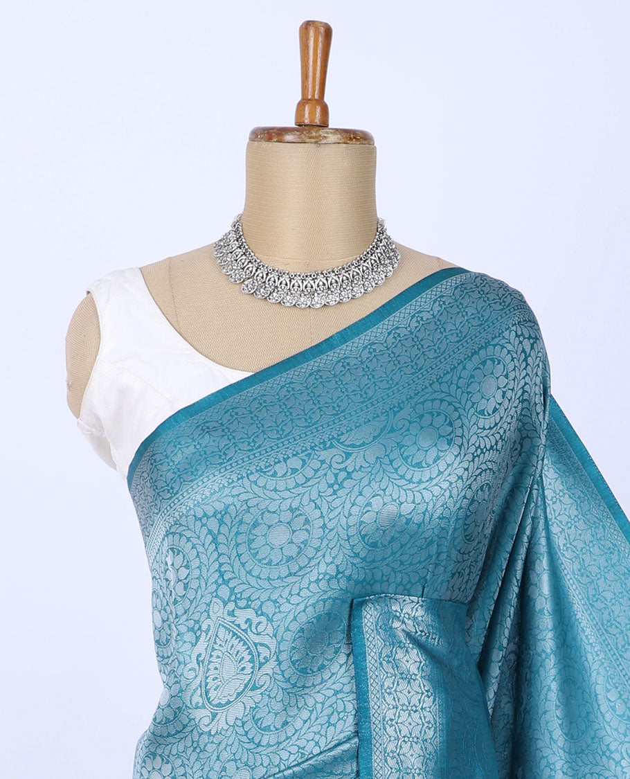 Blue jacquard softy silk saree, zari border & pallu of intricate designs
