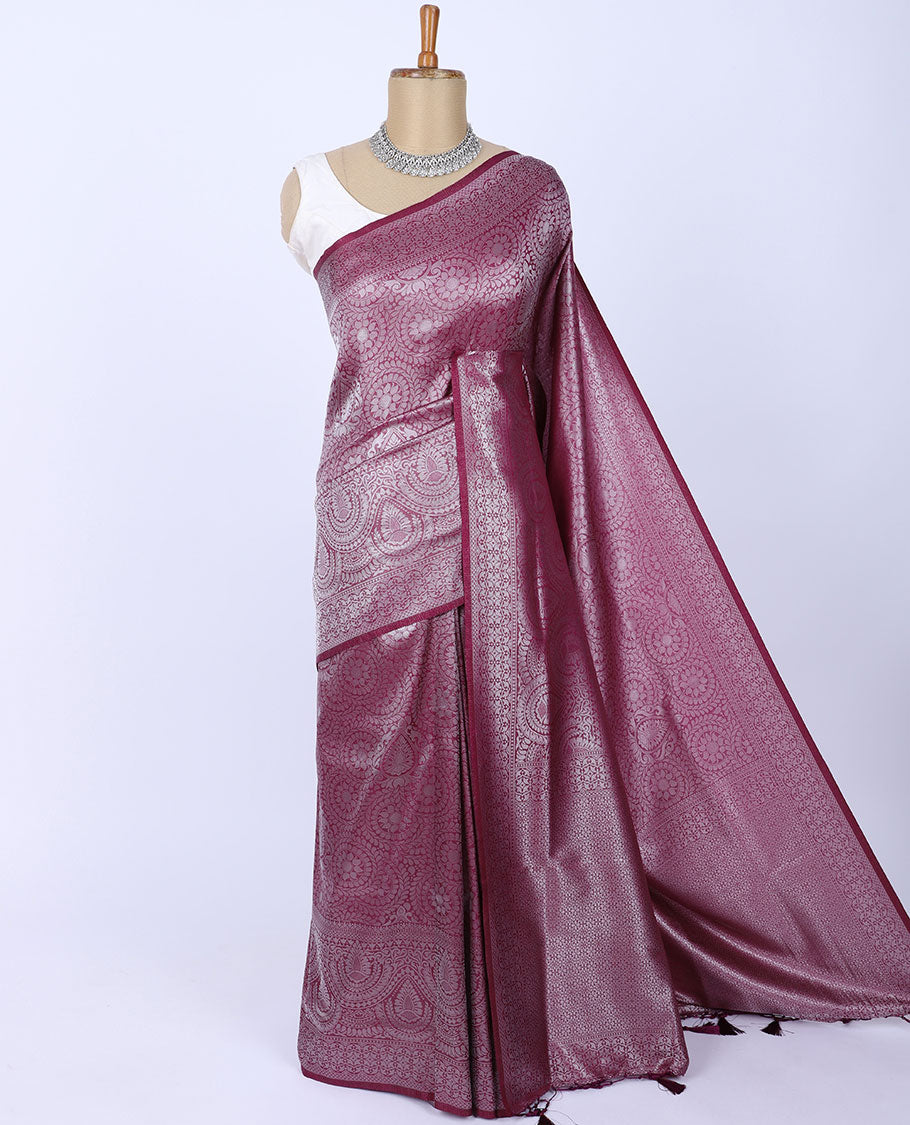 Maroon jacquard softy silk saree, zari border & pallu of intricate designs