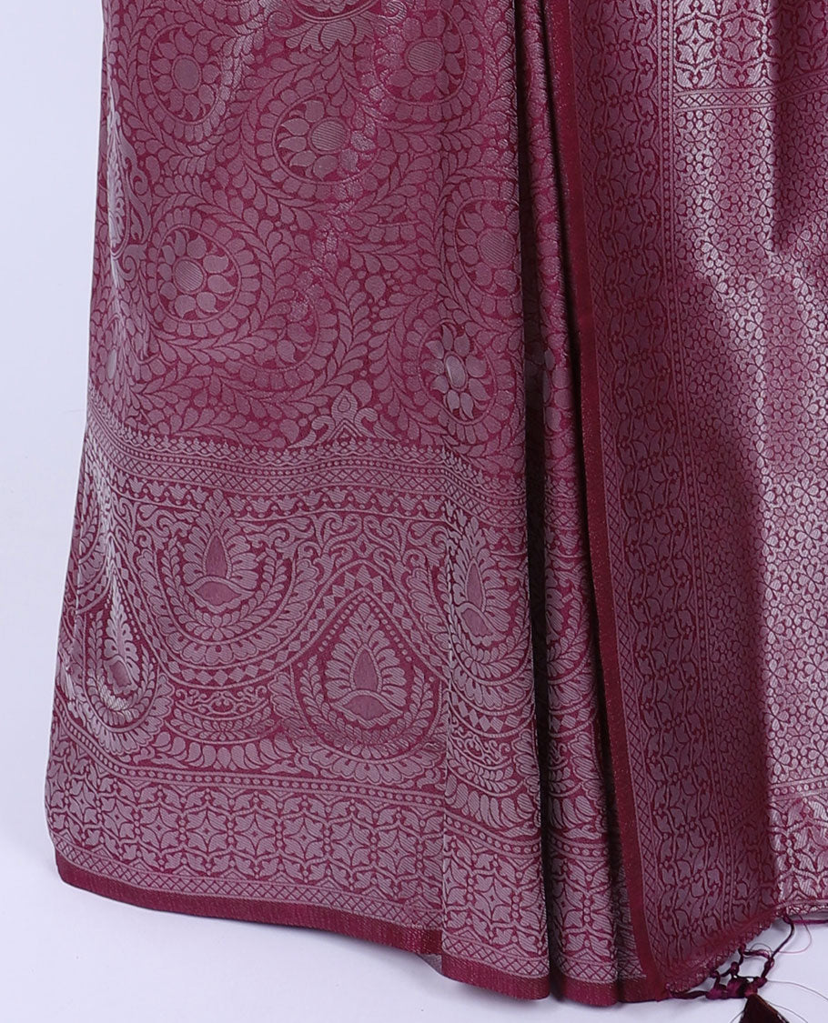 Maroon jacquard softy silk saree, zari border & pallu of intricate designs