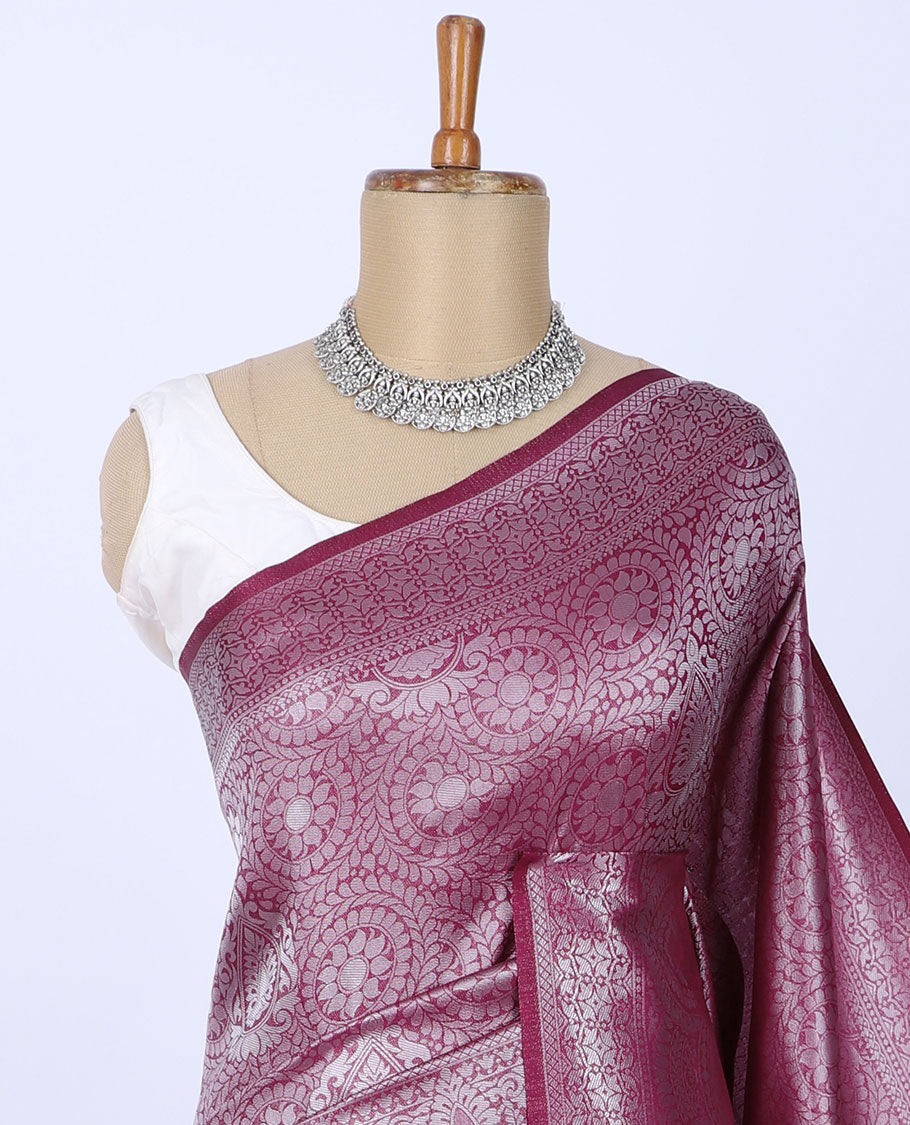 Maroon jacquard softy silk saree, zari border & pallu of intricate designs