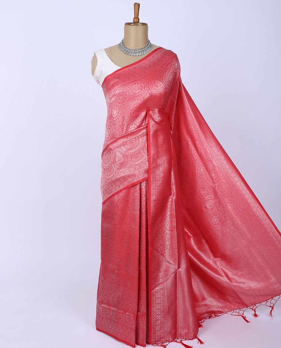 Red jacquard design softy silk saree, traditional zari design border & pallu of intricate designs