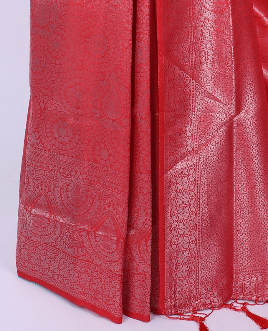 Red jacquard design softy silk saree, traditional zari design border & pallu of intricate designs