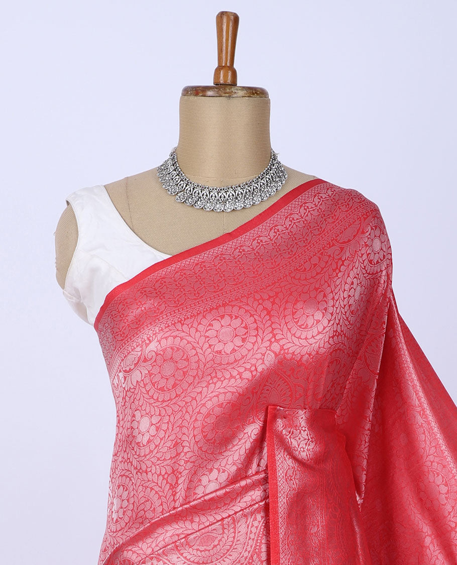Red jacquard design softy silk saree, traditional zari design border & pallu of intricate designs