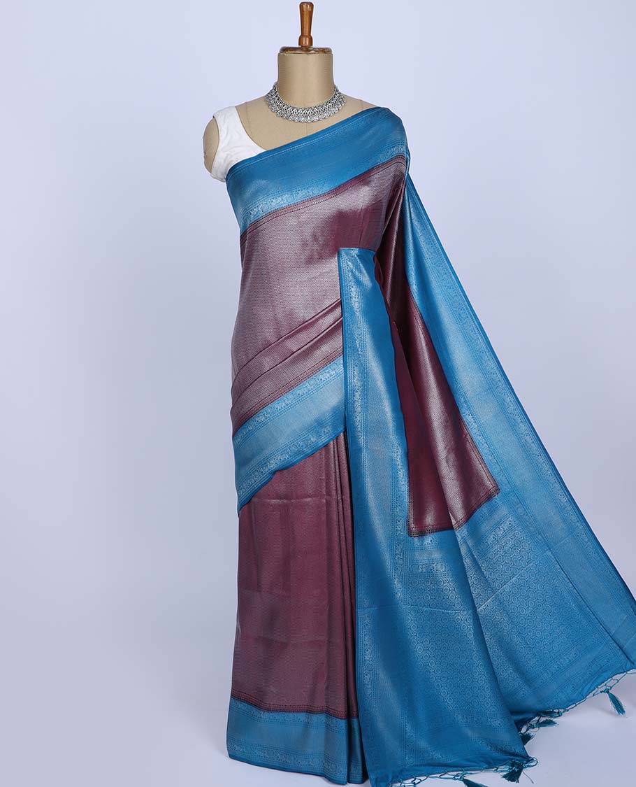 Maroon jacquard fancy softy silk saree, contrast traditional design border & pallu of intricate designs