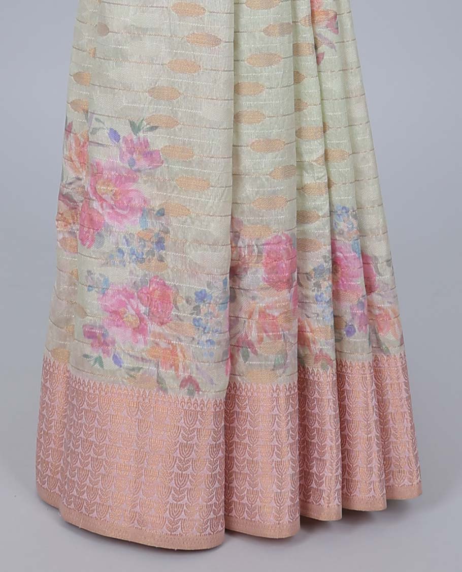 Pastel green rose floral motifs printed & striped Semi banaras jute saree, contrast zari border & pallu of stripes