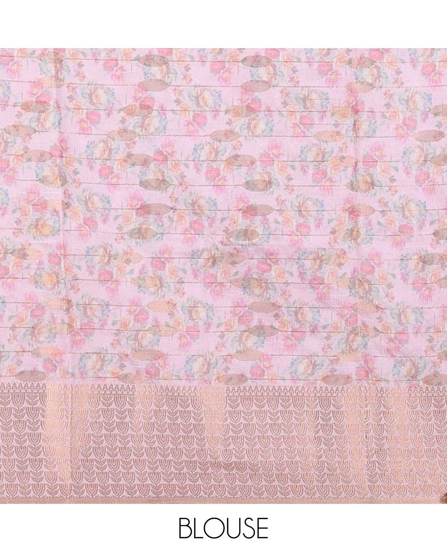 Pastel green rose floral motifs printed & striped Semi banaras jute saree, contrast zari border & pallu of stripes