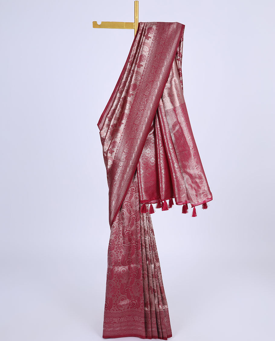 Maroon jacquard design softy saree, traditional design zari border & pallu of intricate designs