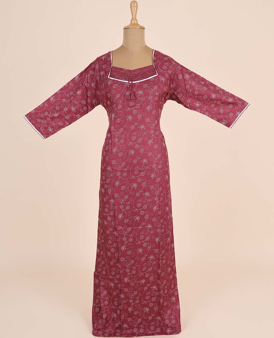 Maroon floral vine printed & lace work v-neck full-sleeve nighty