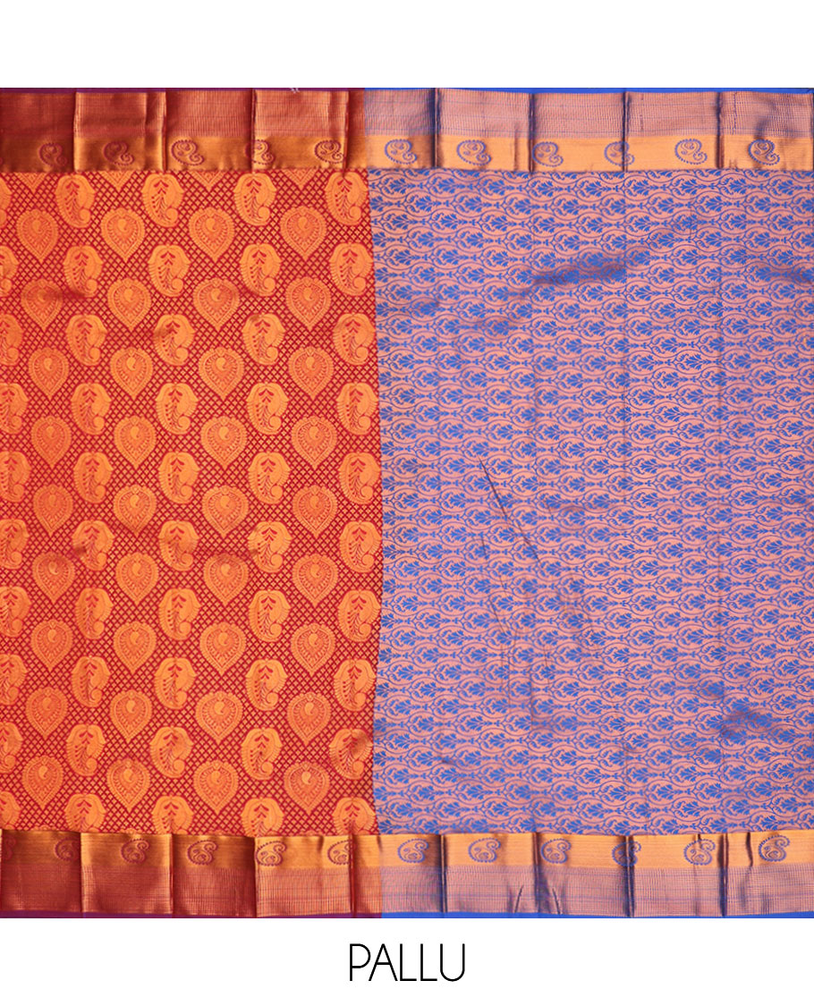 Red jacquard art silk saree, contrast traditional zari border & pallu of floral vine design