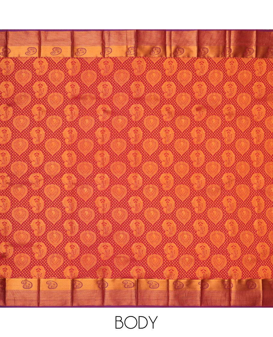 Red jacquard art silk saree, contrast traditional zari border & pallu of floral vine design