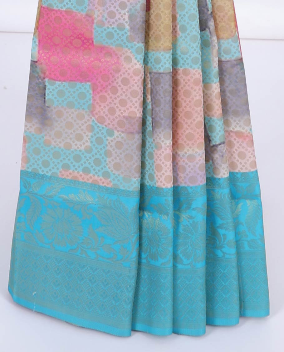 Multi-color abstract print & jaal design fancy soft silk saree, contrast floral design border & intricate pallu