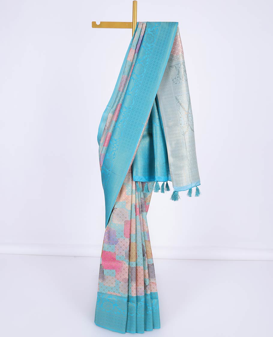 Multi-color abstract print & jaal design fancy soft silk saree, contrast floral design border & intricate pallu
