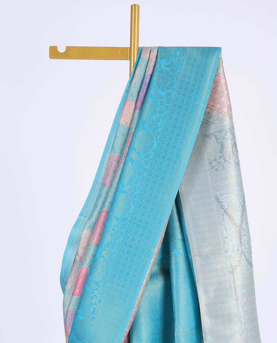 Multi-color abstract print & jaal design fancy soft silk saree, contrast floral design border & intricate pallu