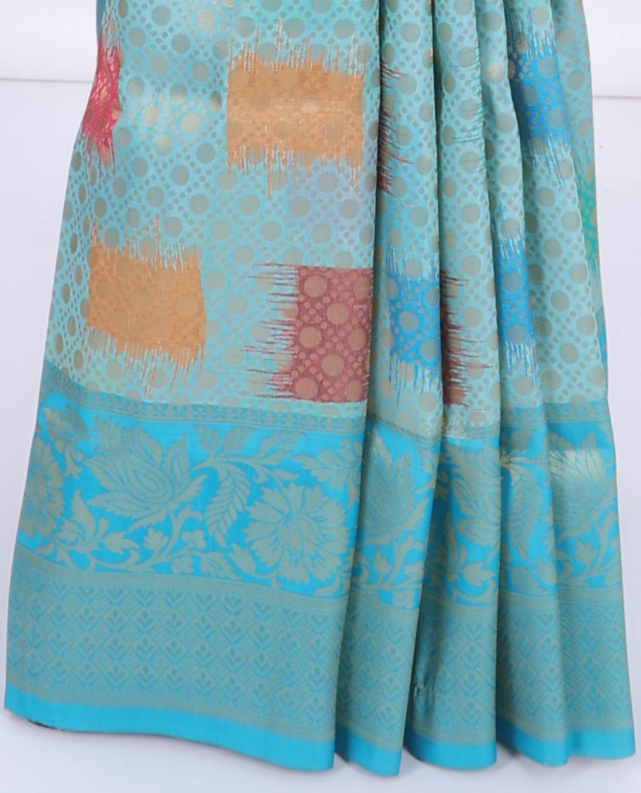 Blue abstract print & jaal design fancy soft silk saree, contrast floral design border & intricate pallu