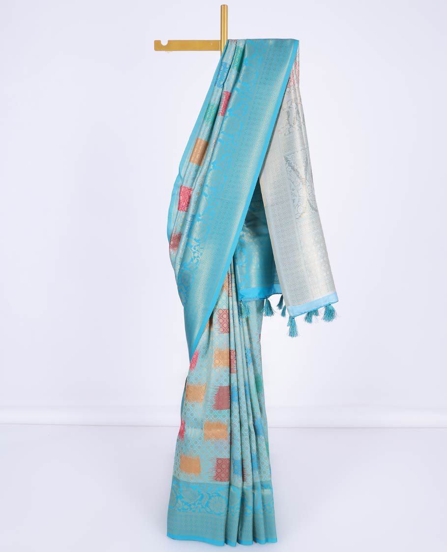 Blue abstract print & jaal design fancy soft silk saree, contrast floral design border & intricate pallu