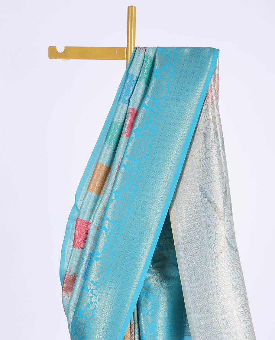 Blue abstract print & jaal design fancy soft silk saree, contrast floral design border & intricate pallu