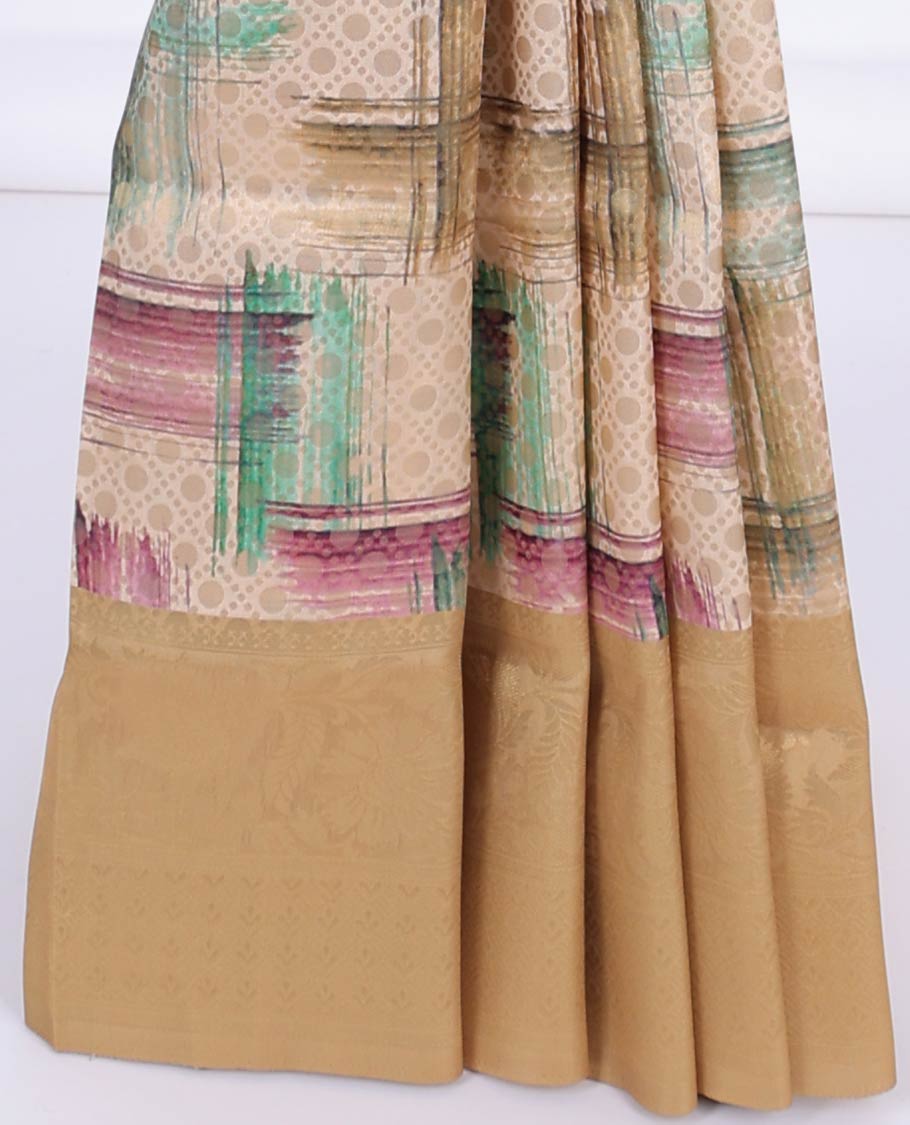 Sandal abstract print & jaal design fancy soft silk saree, contrast floral design border & intricate pallu