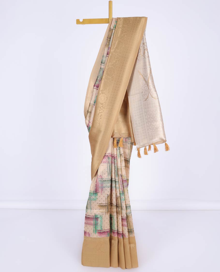 Sandal abstract print & jaal design fancy soft silk saree, contrast floral design border & intricate pallu