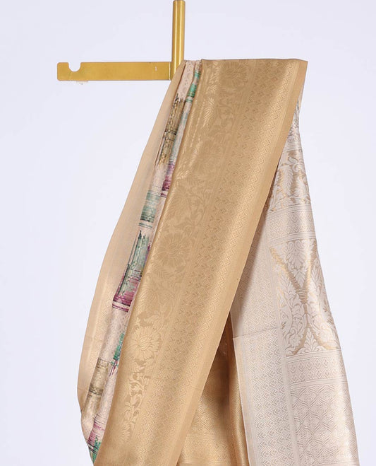 Sandal abstract print & jaal design fancy soft silk saree, contrast floral design border & intricate pallu