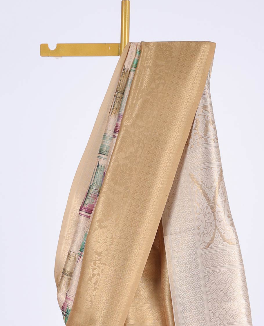 Sandal abstract print & jaal design fancy soft silk saree, contrast floral design border & intricate pallu