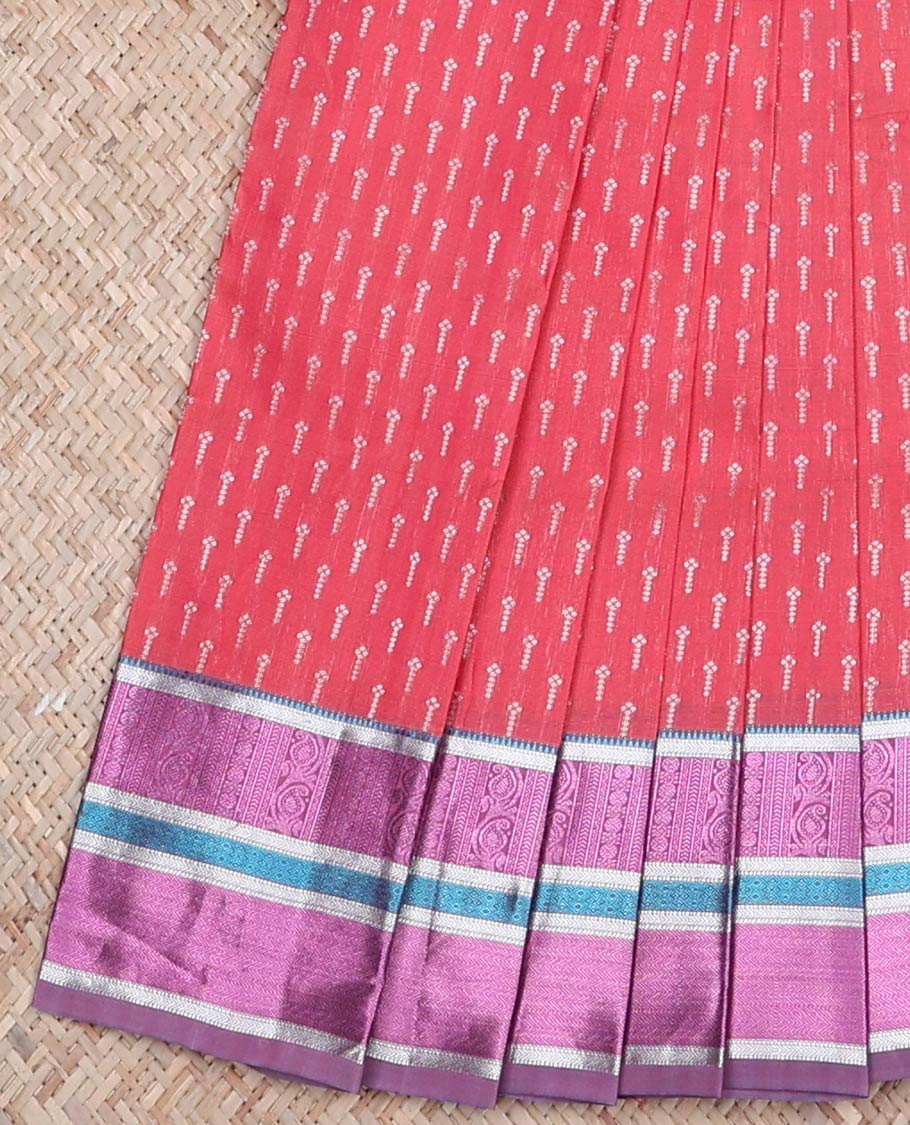 Red zari buttas Venkatagiri cotton saree with contrast thread work border, and pallu of zari stripes main image 0